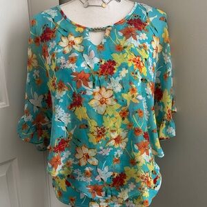 Studio Works Floral Blouse - Turquoise and Orange
